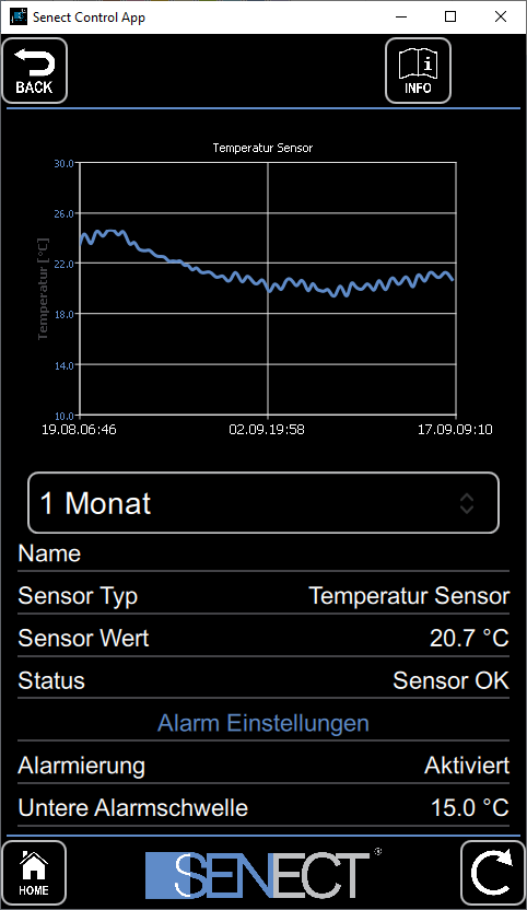 Screenshot der Senect Control App - Temperatur